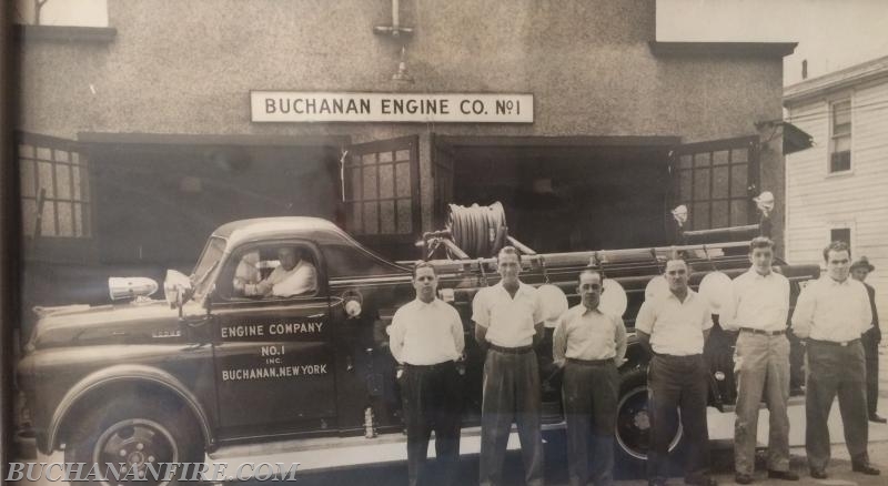 Firematic Officers 1948: L-R: Charles Pfannes (Chief), James Macken (1st Asst.), Harold Hawkes (2nd Asst.), Clarence Conklin (Captain), William Bottos (1st Lt.), Carmen Piucci (2nd Lt.), Frank R. Bottos (Driver)